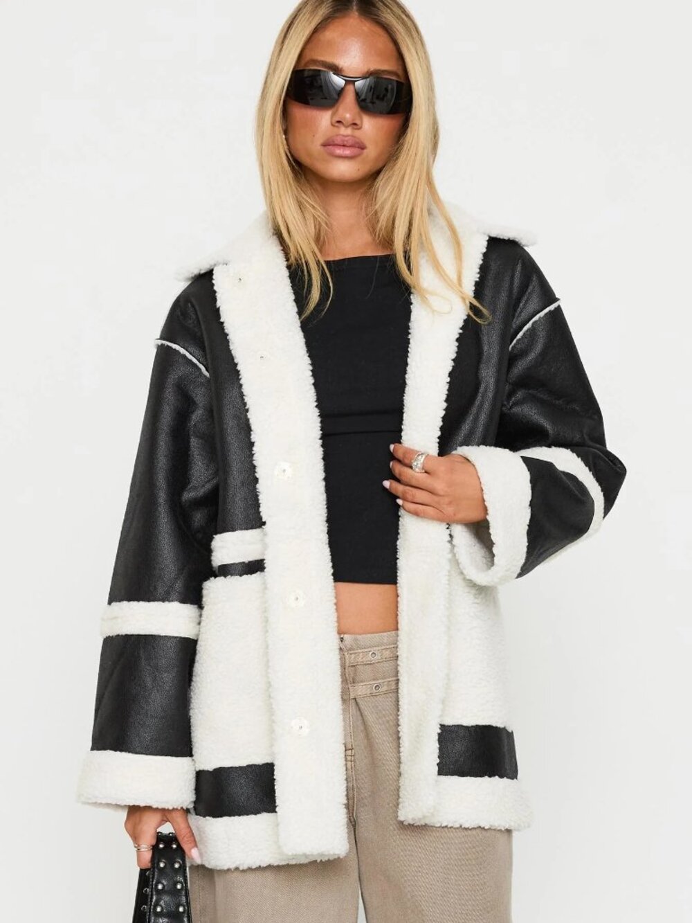 Princess Polly Lexie Faux Leather Jacket Black Sherpa Trim Oversized M/L